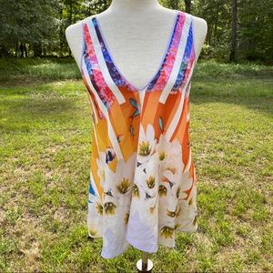 CLOVER CANYON TOP TUNIC BLOUSE SLEEVELESS WHITE ORANGE BLUE FLORAL Size XS